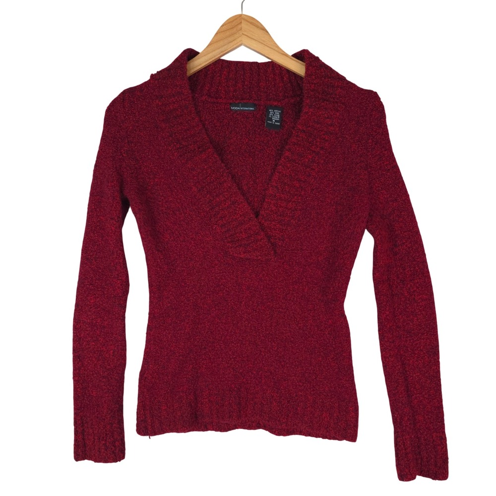 Moda International Sweater Women M Red V-Neck Boucle Wool Blend Long Sleeve